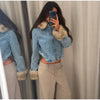 Furry Trim Cropped Denim Jacket Single Breasted Long‑Sleeve Winter Women Warm Outerwear Versatile Lady Casual Jean Coat