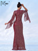 Elegant Apricot Sequin Muslim Party Dress Women Split Sleeve High Neck Bodycon Dubai Evening Dresses Prom Gown