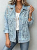 Women's See-Through Lace Patchwork Denim Jacket Casual Loose Button Up Jean Coat Long Sleeve Streetwear Outerwear Coat