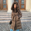 Warm Fur Collar Elastic Waist Hooded Coat Women's Elegant Waist-cinching Zippers Long Cotton Coats Winter Lady Outwear