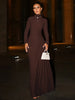 Autumn Elegant High Collar Long Sleeve Ruched Slim Fit Long Dress Women'S Solid Casual Party Club Street Clothes