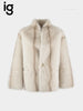 IG Women Cream White Reversible Stand Collar Single Button Mid-Length Coat, Patch Pockets, Winter Warm Elegant Casual Commute