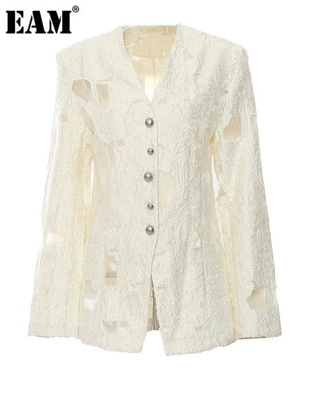 Beige Jacquard Perspective Big Size Elegant Blazer Women V-neck Long Sleeve Jacket Spring Autumn 1DH7169