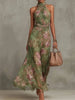 Elegant Printed Ruffle Maxi Dress Women Chic High Neck Puff Short Sleeve Waist-cinching Bodycon Dresses Lady Vacation Robes