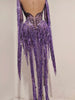 Women Sparkly Diamond Purple Tassel Long Sleeves Mesh See Through Dress Latin Dance Outfits Bar Nightclub Party Club Stage Wear