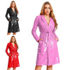 Women Wet Look PU Leather Long Trench Coat Blazer Lapel Open Front Long Sleeve Jacket Overcoat with Belt Streetwear Clubwear