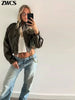 Vintage Zippers Short Leather Jackets Women's Casual Lapel Button Pockets Full Sleeve Coat Autumn Lady Chic Streetwear