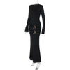 Elegant Vintage Dress Women Fall Flared Full Sleeve Metal Buckle Pleats Solid Casual Simple Skinny Long Bodycon