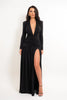 Women Glitter Maxi Evening Dress Deep V Neck Long Sleeve Ruched High Slit Formal Party Dress For Wedding Guest Prom