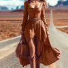 Retro Sexy Square Collar Hollow Irregular Dress Woman Pure Elegant Button Pleated Dress Fall Long Sleeve Ruffle Swing Boho Dress