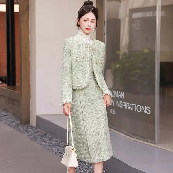 Elegant Tweed Two Piece Set for women Tassel Long Sleeve Jacket Coat + High Waist Skirt Sets Office Lady Suit
