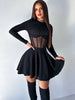 Women Dresses Mesh Patchwork Sheer Long Sleeve Sexy Club O Neck A-line Sheath Bodycon Female Vestidos Robes
