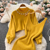 Winter Women Knitted Sets Breading Long Sleeve Pearl Sweater+Knitted Camis Dress Sets Sweater Suits
