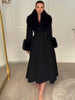 Women Detachable Faux Fur Collar Long Wool Blend Elegant A‑line Maxi Dress Coat Winter Vintage Slim Fit Wedding Outerwear