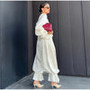 Women Pant Set Satin Lace Round Neck Puff Long Sleeve Button Front Drawstring Waist Blouse Cuffed Ruffle Hem Pants Elegant Suit