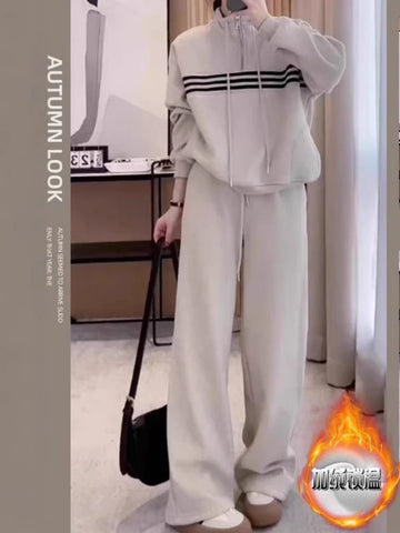 Thickened Design Striped Sweatshirt Set Women's Autumn Fleece Wide Leg Casual Sweatpants Long-sleeved Top Two Piece Set