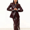 IG Women Burgundy Croc Faux Leather 2 Piece Suit Set Notched Lapel Slim Blazer Jacket High Waist Midi Pencil Skirt Elegant
