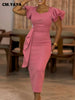 Women Short Ruffles Sleeve O-neck Ribbon Bodycon Midi Dress Street Africa OL Evening Sexy Party Dresses Vestido