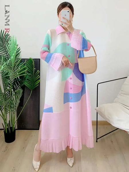Maxi Pleated Dress For Women Lapel Single Breasted Long Sleeves Color Block Tassel Hem Loose Chic Clothing Autumn 2R5928