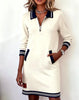 Autumn Winter Versatile Women's Dress Casual Contrasting Color Splicing Lapel Long-sleeved Loose Dress With Pockets