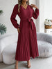 Spring Autumn Elegant Buttons V Neck Lantern Long Sleeve Lace Up Pleated Dress Khaki Blue Red Green Black Women Dresses