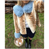 Deer Print Faux Fur Cropped Jackets Women Blue Contrast Lapel Cuff Button Fluffy Warm Short Coat Lady Winter Street Outwear