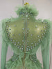 Sexy Mesh Ruffled Sparkly Rhinestones Long Sleeves See Through Mini Dress Women Eveing Party Birthday Dance Nightclub Stage Wear