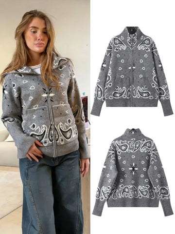 Spring Paisley Cashew Flower Jacquard Jacket For Women Casual Long Sleeve Zipper Sweater Lady Chic Street Knitted Outerwear