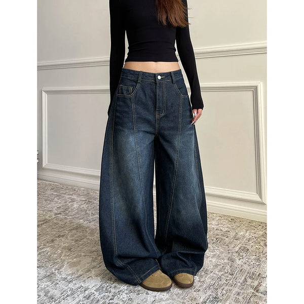 Blue Women's Retro Y2K 2000s Wide Leg Baggy Casual Denim Trouser High Waist Loose Jeans Autumn Harajuku Full Length Pants
