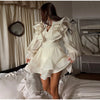 Solid Ruffle Mini Dress U Neck Long Puff Sleeve Tie Neck Tiered Hem Sweet Style Gown Soft Pastel Tones Chic Women Outfit