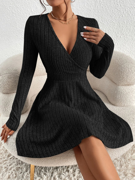 for autumn/Winter Women Knit Slim Sexy Bodycon Dress V-Neck Long Sleeve Dress Solid Casual Midi Sweater Dress