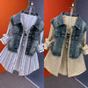 Fake Two Denim Shirts Women Spring Autumn Korean Joker Striped Denim Shirt Ladies Top Casual Jean Coat Female