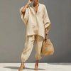 Female Clothing Two Piece Set Spring V Neck Loose Top Pullover & Long Pants Outfits Woman Batwing Sleeve Vintage Suit Mujer