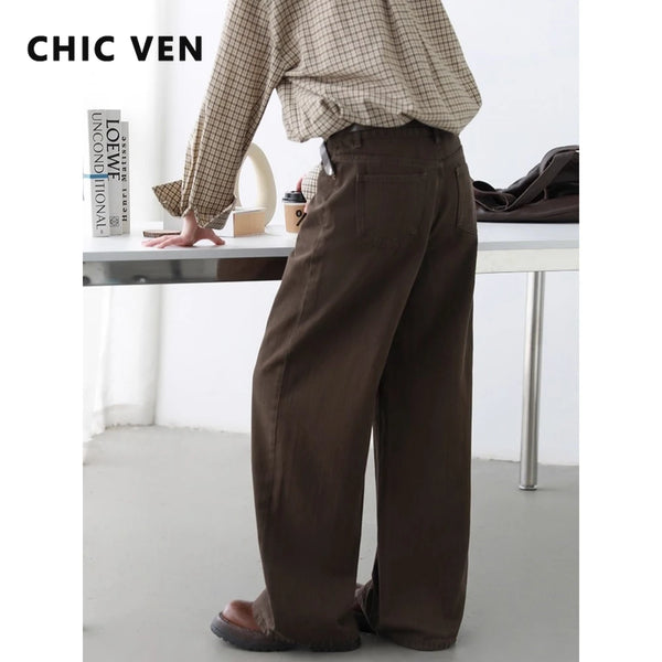 Women Pants Solid High Waist Loose Retro Cotton Wide Leg Denim Jeans Female Trousers for Woman Spring Autumn