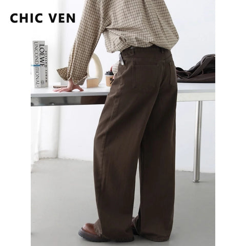 Women Pants Solid High Waist Loose Retro Cotton Wide Leg Denim Jeans Female Trousers for Woman Spring Autumn