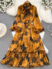 Spring Autumn Women's Long Sleeved Dress Temperament Loose Large Size Lace Up Printed Long Dress Female C329