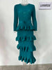 Long Pleated Dress Women Round Neck Solid Color Ruffles Cake Belt Dresses Multi-layer Female Elegant Clothing 2R6863