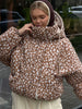 Women Deer Spotted Hooded Puffer Jacket Brown White Dots Drawstring Hood Cropped Elastic Cuff Coats Warm Winter Casual Outerwear