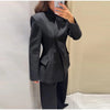 V-Neck Longline Tailored Double-Breasted Blazer Coat Black Peak Lapel Welt Pockets Autumn Elegant Office Women Outerwear