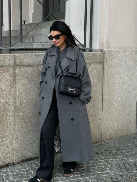 Casual Woolen Women Coat Doube-Breasted Turn-Down Collar Long Sleeve Female Coats Autumn Winter Chic Lady Outwear