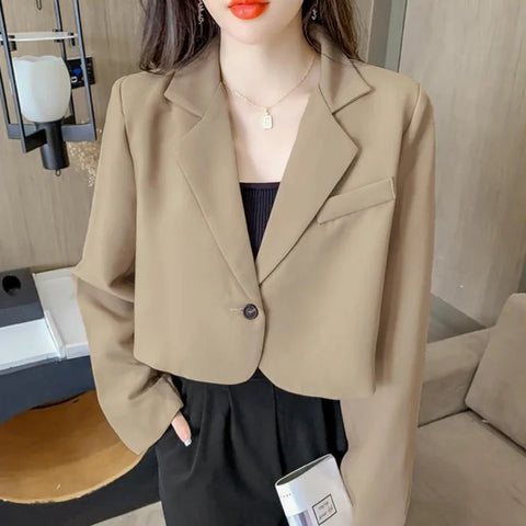 Korean Cropped Blazers Women Solid Color Simple Single-button Outwear Teens All-match Long Sleeve Office Suit Jacket