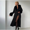 Retro Solid Fur Patchwork Woolen Coats Women Chic Full Sleeve V-neck Lace Up Loose Overcoat Lady Winter Commute Outwear