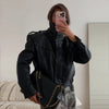 Women Leather Bomber Jackets Coats With Belt Notched Shoulder Pads Motorcycle Street Chic Short Outwear Solid Lace Up