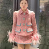 Women Auutmn Winter Sweet Feather Single Breasted Tweed Short Jacket High Waist A-Line Skirt Offce Ladies Two Piece Set