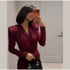 Sexy Burgundy Deep V-neck Mini Dress Women Elegant Full Sleeve Shoulder Pads Pleated Slim Short Dresses Lady Evening Party Gowns