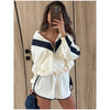 Contrasting Color Loose Jackets Women Casual Long Sleeves Stand Collar Zipper Oversized Coats Lady Autumn Daily Street Wear