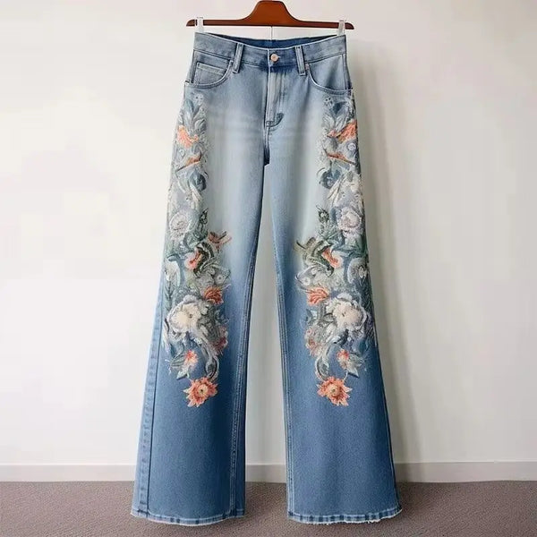 Embroidered Straight Jeans Women Denim pants Female Autumn High Waist wide-leg pants Ladies Casual Trousers