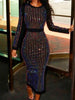 Sequin Round Neck Women Dress Striped Solid Splice Party Tight High Waist Casual Sexy Hip Wrap Long Sheath Dresses