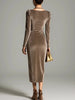 Elegant Velvet Swing Collar Dress for Women's Ruched Split Solid Office Lady Long Sleeve Slim Vintage Casual Wedding Guest Dress