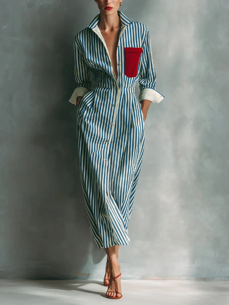 Elegant Striped Print Shirt Dress for Women Casual Turn Down Collar Color Blocking Pocket Long Dresses Graceful Robe